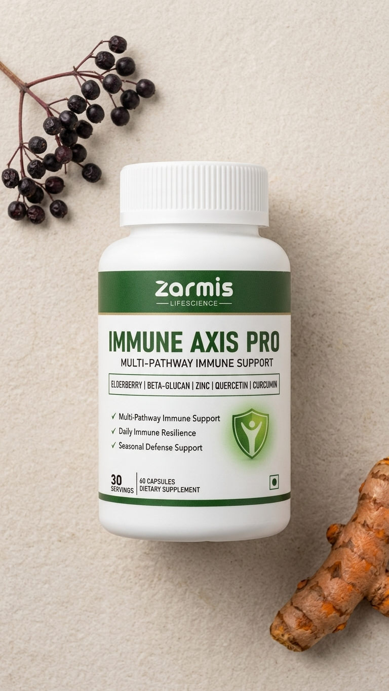 A white bottle of Zormis Immune Axis Pro dietary supplement, styled on a textured beige background with dark berries and turmeric root.