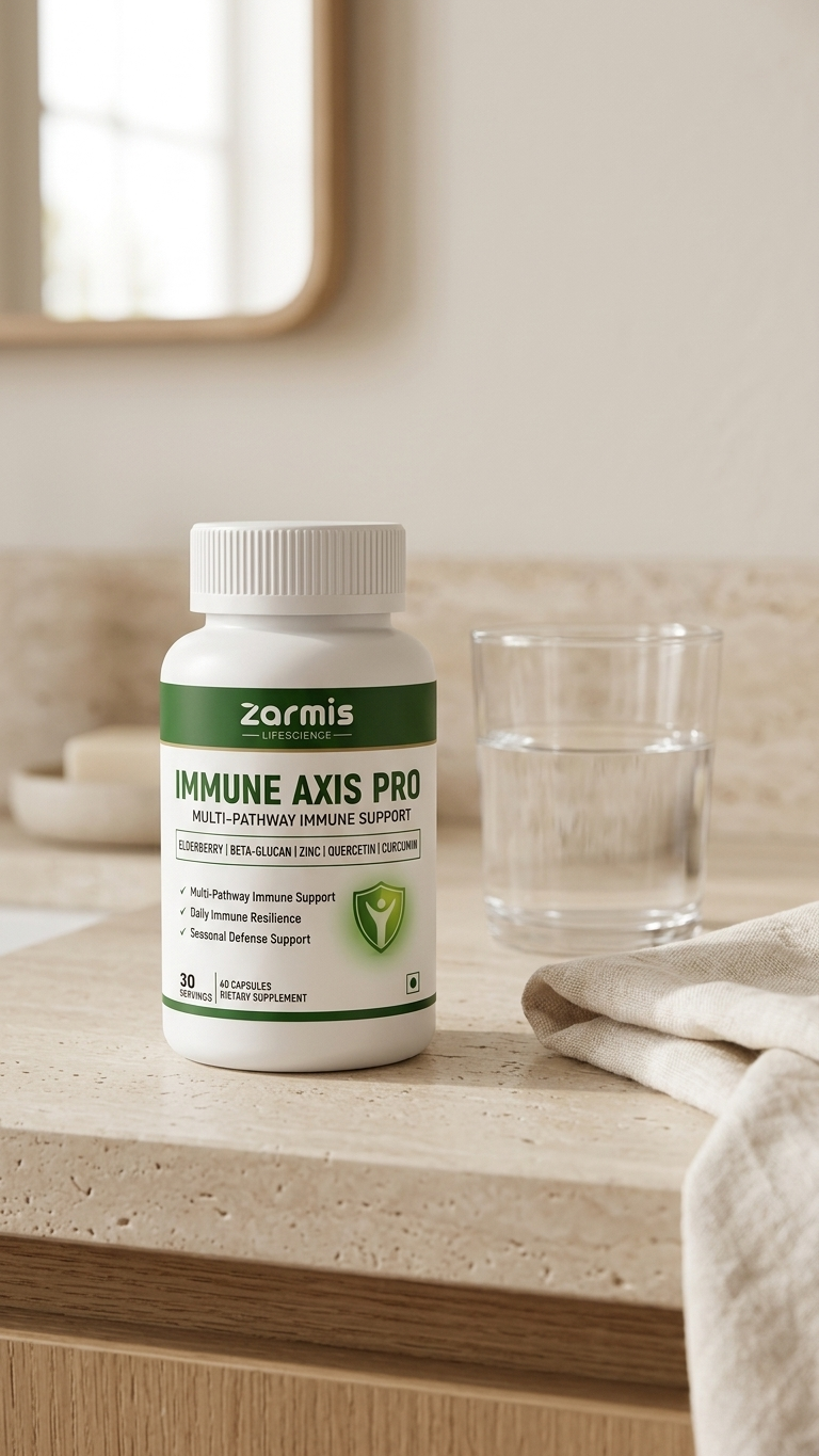 A bottle of Zormis Immune Axis Pro dietary supplements sits on a beige stone countertop next to a glass of water and a folded cloth, with a softly blurred bathroom background.