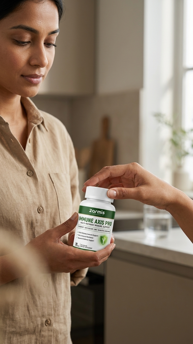 A woman in a beige linen shirt holds a white bottle of Zormis Immune Axis Pro supplement while another person's hands adjust the cap, set in a softly lit kitchen environment.