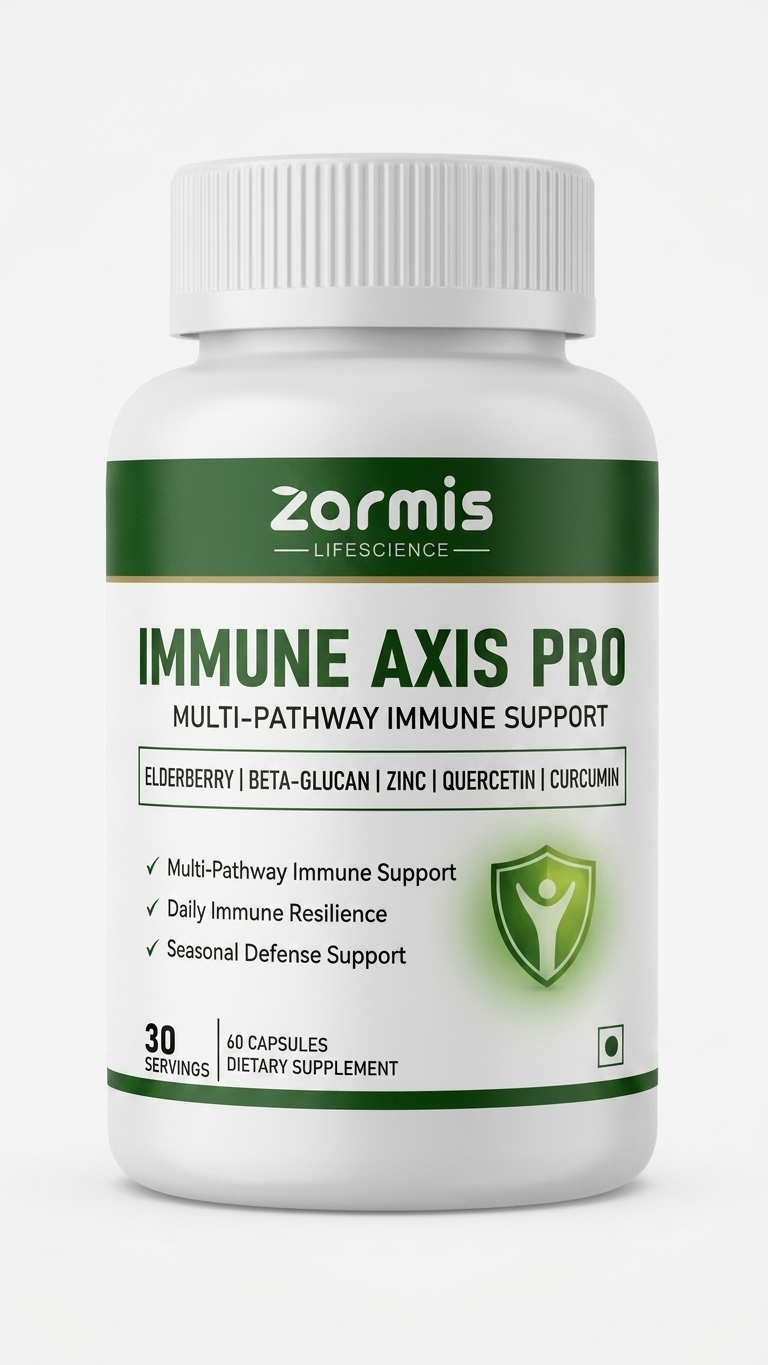 A white plastic bottle of Zormis LifeSciences Immune Axis Pro dietary supplement, featuring a white cap and a label with green and black text and graphics, set against a plain white background.